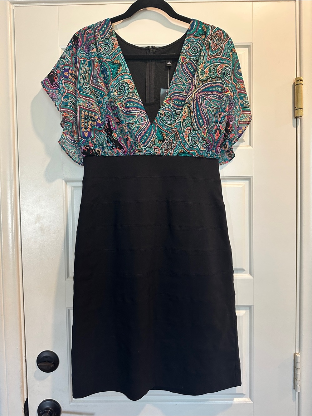 Nicole by Nicole Miller Teal & Purple Paisley V-Neck Dress with Black Skirt